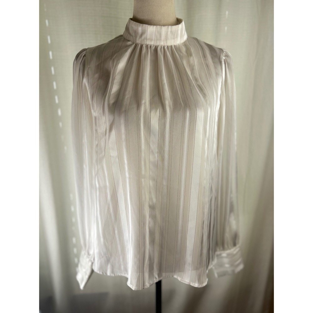 Haute Monde Women's Ivory & Gold Metallic Stripe Pleated Mock Neck Blouse Large